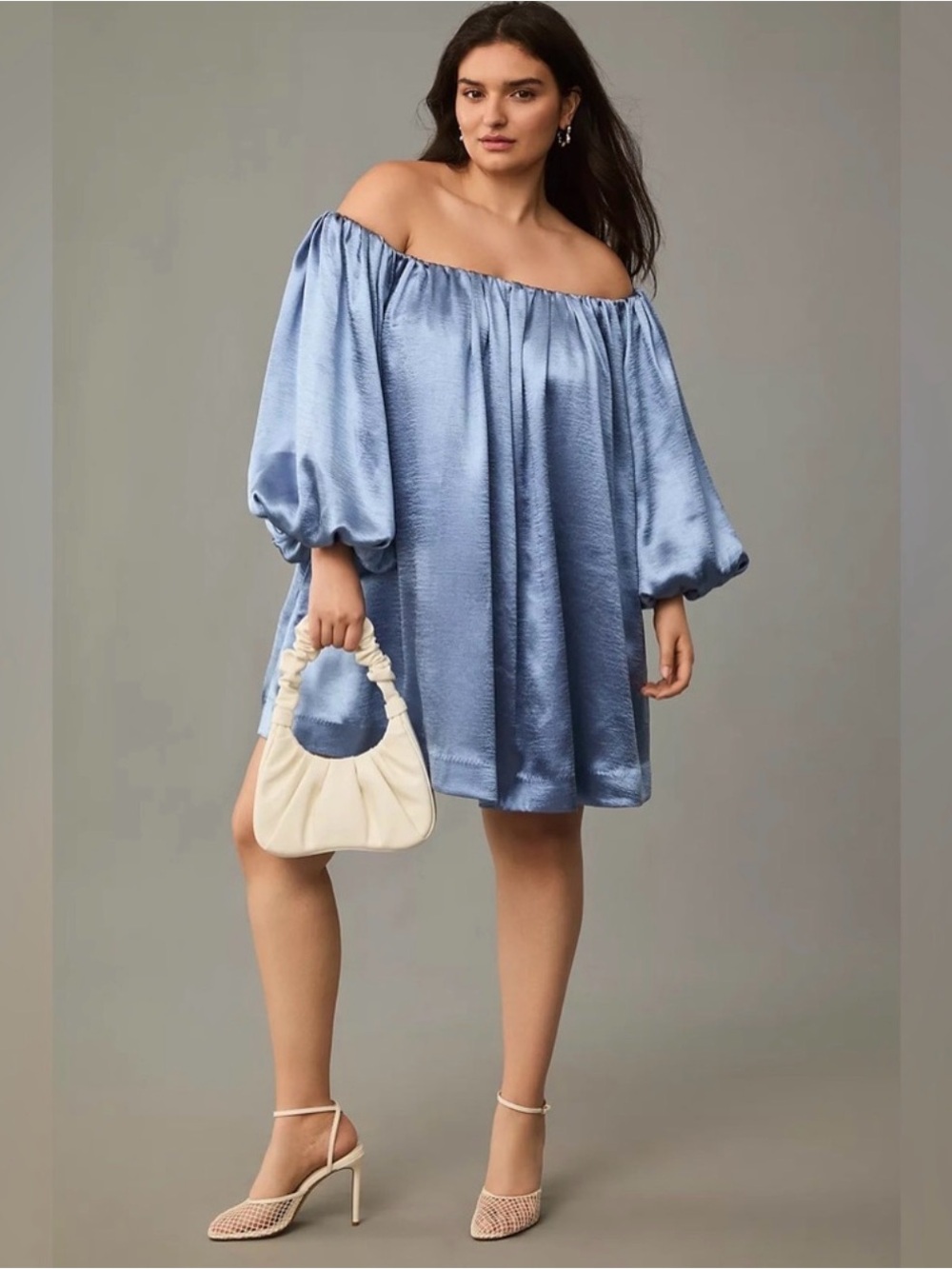 NWT Anthropologie Mare Mare Satin Off-Shoulder Mini Dress in Light Blue XL